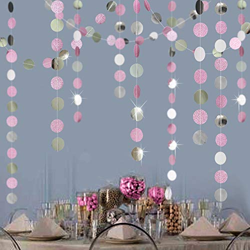 Product Cover Glitter Pink and Silver Circle Dot Garlands Twinkle Little Star Garlands Polka Dots Streamer/Backdrop/Bunting for Girls Birthday Party Decoration/Hanging Decor/Baby Shower/Wedding/Room Decorations
