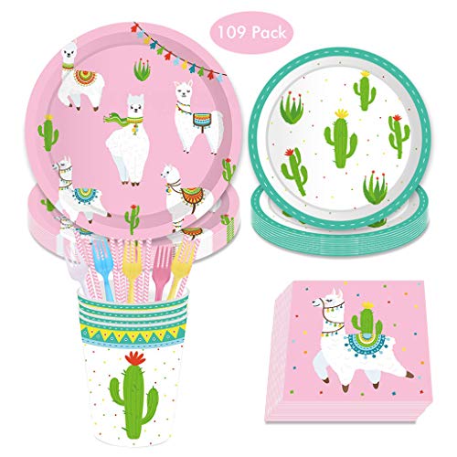 Product Cover DreamJ 109Pcs Alpaca Cactus Disposable Tableware Set, Llama Alpaca Party Supplies with Plates Cups Napkins Forks Straws for Boys,Girls,Baby Showers Birthday Party Favors Decorations (Severs 16)