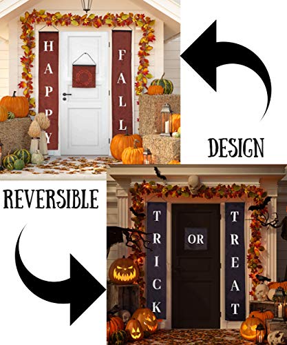 Product Cover Thanksgiving Decorations Halloween Decor Reversible Trick or Treat & Happy Fall Banner Durable 3 Piece Set, Perfect for Front Door Home or Office Party Decor, Ready to Hang Indoor or Outdoor Display