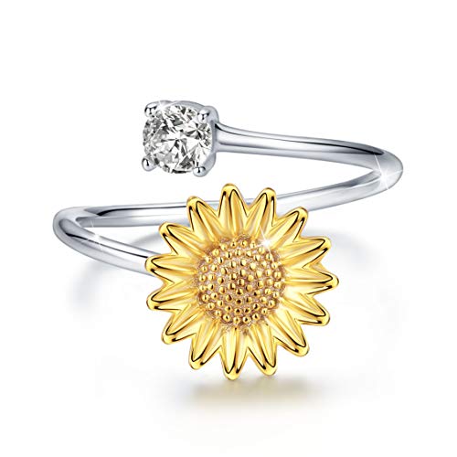 Product Cover JUSTKIDSTOY Sterling Silver Adjustable Sunflower Flower Ring Open Band with Cubic Zirconia Stacking Finger Thumb Rings Jewelry for Women