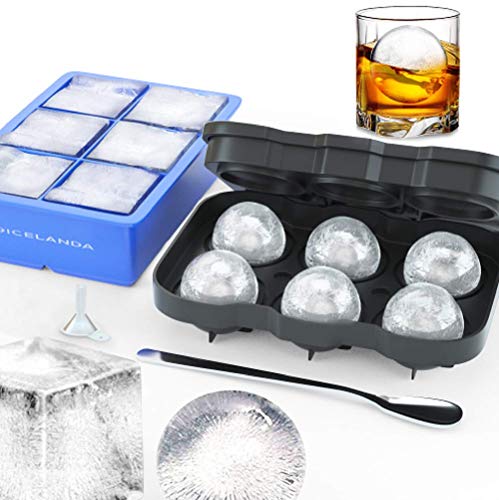 Product Cover Sphere Ice Ball Mold,Large Square Ice Cube Mold,Whiskey Ice Ball Ice Cube Trays Maker,Big Cocktail Ice Cube Molds for Whiskey,Silicone Ice Cube Tray Set,Include 2 Molds & Whiskey Stirrer & Funnel