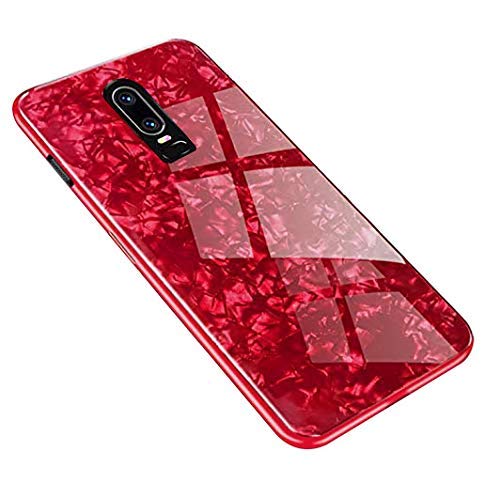 Product Cover A rtistque Luxurious Marble Pattern Bling Shell Back Glass Case Cover with Soft TPU Bumper and Hybrid Technology for One Plus 6 - Red