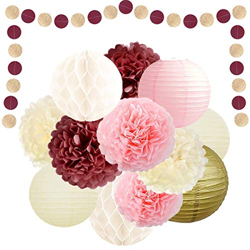 Product Cover Tissue Paper Pom Poms Paper Flowers Paper Lanterns Honeycomb Balls in Dusty Rose Blush Pink Ivory for Birthday Wedding Valentine's Day Bachelorette Baby Shower Bridal Shower Party Decorations