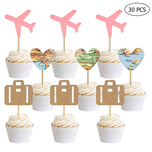 Product Cover 30 PCS Travel Cupcake Toppers Pink Airplane Map Heart Traveling Case Cake Topper Picks for World Awaits Travel Themed Baby Shower Party Decorations