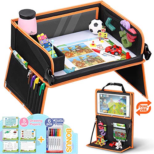 Product Cover Dual-Use Premium Kids Travel Tray, Car Seat Back Organizer with Tablet Holder Car Seat Table Upgrade Transparent Dry Erase Top Car Seat Activity Tray Bonus Educational Drawing for Car Stroller Plane