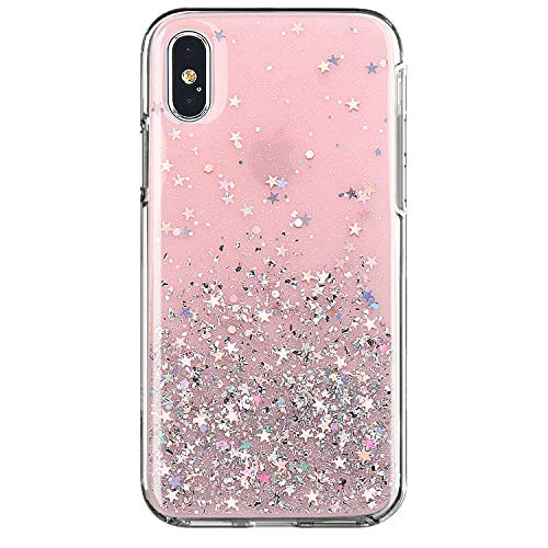 Product Cover RXKEJI iPhone X Case iPhone Xs Case Clear Sparkle Glitter Star Pink Cute Girl Protective Hard PC Back Cover Ultra-Thin Shockproof Slim TPU Bumper Phone Case for iPhone X iPhone Xs
