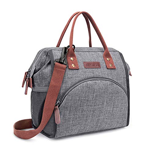 Product Cover LOKASS Lunch Bag Insulated Lunch Box Wide-Open Lunch Tote Bag Large Drinks Holder Durable Nylon Snacks Organizer with Removable Shoulder Strap for Women Men Adults Work Outdoor,Grey