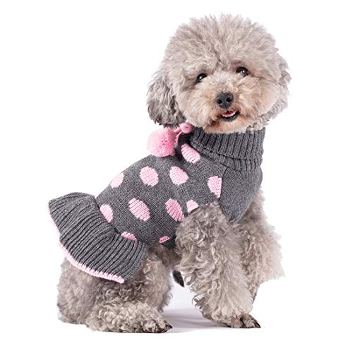 Product Cover kyeese Dog Sweaters Dress Polka Dot Dog Sweater Knit Warm Dog Clothes with Pom Pom Ball for Fall Winter