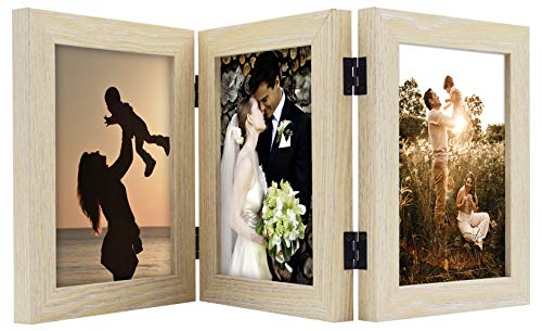 Product Cover Golden State Art, Decorative Hinged Table Desk Top Picture Photo Frame, 3 Vertical Openings, with Real Glass (5x7 Triple, Beige)