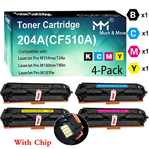 Product Cover (4-Pack, with Chip, BK+C+M+Y) Compatible CF511A CF512A CF513A CF510A 204A Toner Cartridge Used for Laserjet Pro M154NW M154A M180NW M180N M181FW Printer, by MuchMore