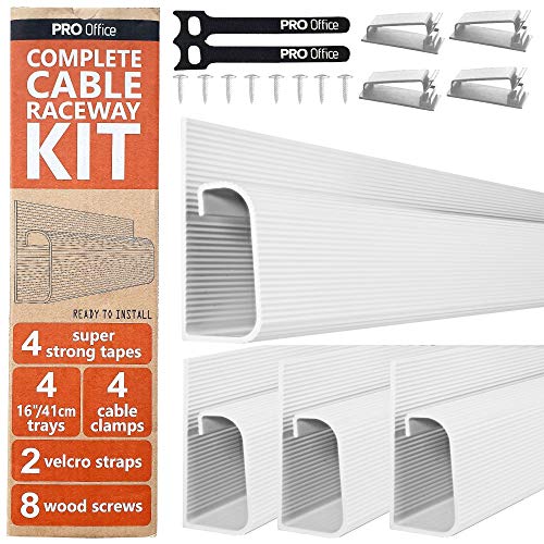 Product Cover J Channel Cable Raceway Kit - Computer Desk Cable Management System - 4x16'' White Under Table Cable Management Trays for Office and Home