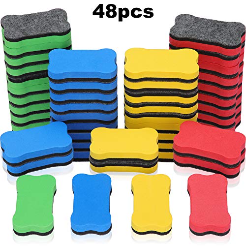 Product Cover 48 Pieces Magnetic Whiteboard Eraser Office Erasers Bone-shaped Dry Erasers Fit for School, Home and Office, Red, Yellow, Blue and Green