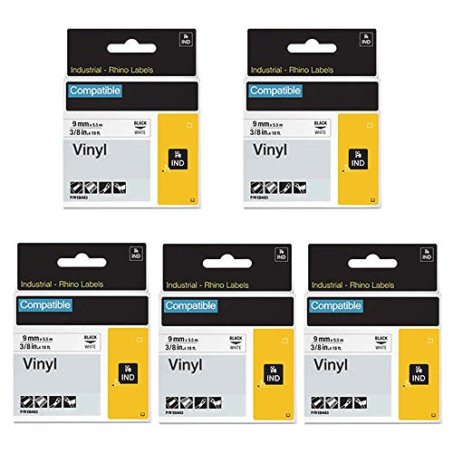 Product Cover 5pack 18443 Compatible Label Tape Replacement for DYMO Rhino 3/8 inch Industrial Permanent Vinyl Black on White Label Cartridges Compatible with DYMO Rhino 5200 4200 5000 Industrial Label Makers