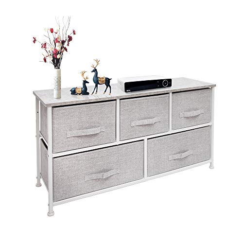 Product Cover East Loft Extra Wide Storage Cube Dresser Organizer for Closet, Nursery, Bathroom, Laundry or Bedroom 5 Fabric Drawers, Solid Wood Top, Durable Steel Frame Light Grey