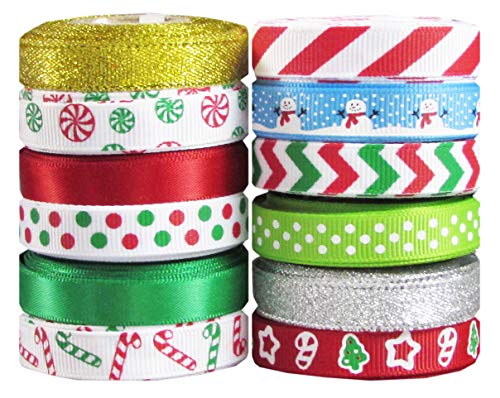 Product Cover Q-YO Holiday Grosgrain Ribbon Set for Gift Package Wrapping, Hair Bow Clip Accessory Making, Crafting, Wedding Decor. (60yd(12x5yd) 3/8
