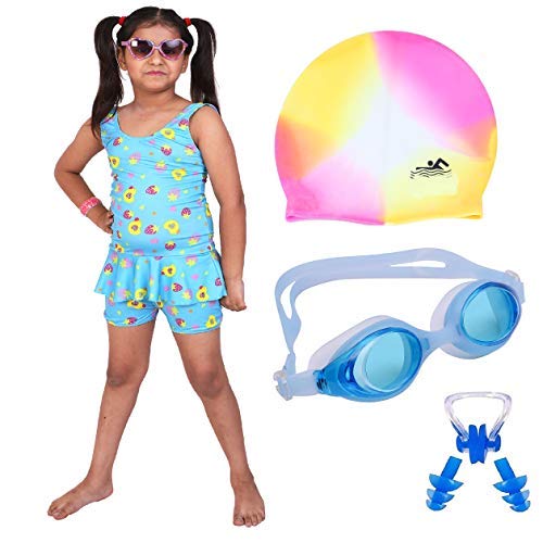 Product Cover THE MORNING PLAY Girls Swimming Kit with Swimming Costume Swimming Goggles Silicone Swimming Cap Ear Plug and Nose Plug