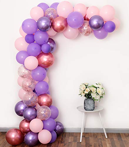 Product Cover Purple Pink Balloon Garland Kit, 60PCS 12Inch Balloon Garland Including Chrome Purple, Mauve, Pink & Rose Gold Confetti Balloons Backdrop for Birthday Baby Bridal Shower Party Decorations