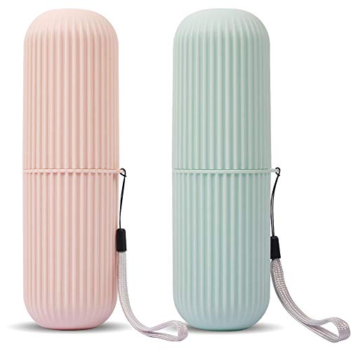 Product Cover Travel Toothbrush Case and Carrier, 2 Pack Portable Business Trips Wash Cup Holder Organizer for Trips and Daily Use (Green+Pink)