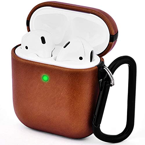 Product Cover V-MORO Compatible with Airpods Case Genuine Leather Case for Airpods 2 & 1 [Front LED Visible] Protective Cover Skin Brown
