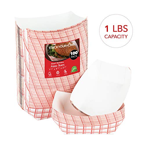 Product Cover Paper Food Boats (100 Pack) Disposable Red and White Checkered Paper Food Trays - Eco Friendly Red Paper Food Trays 1 Lb - Serving Boats for Concession Food and Condiments, Paper Food Tray 4.25