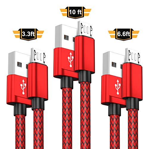 Product Cover Micro USB Charger Cable 3-Pack (3.3/6.6/10FT),Nylon Braided Charging Power Cord for Samsung Galaxy S7 S6 Edge Plus S6+ S4 7 6,Note 5 4 A7 A9 A10 J5 J7 J8,LG K30 K20,Kindle Fire 8 10 Oasis Paperwhite