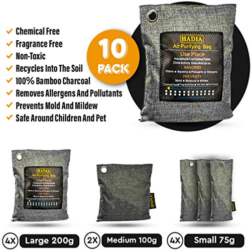 Product Cover Bamboo Charcoal Air Purifying Bag - 10 Pack Activated Charcoal Bags for Shoes, Pet Odor Absorber & Moisture Eliminator - Home, basement, Kitchen, Closet, Car Deodorizer & Air Freshener
