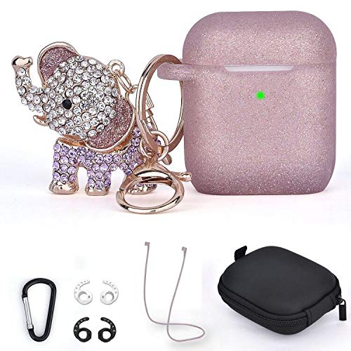 Product Cover Airpods Case Keychain - TOROTOP 7 in 1 Silicone Protective Airpod Case Skin Cover Accessories with Bling Elephant Keychain/Strap/Ear Hook/Storage Box for Airpods 2/1 Charging Case(Glittery Rose Gold
