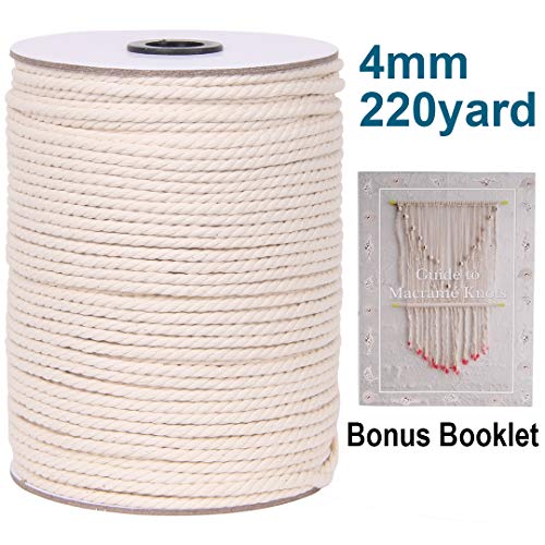 Product Cover XKDOUS Macrame Cord 4mm x 220Yards, Natural Cotton Macrame Rope for Wall Hanging, Plant Hangers, Crafts, Knitting, Decorative Projects, Soft Undyed Cotton Cord
