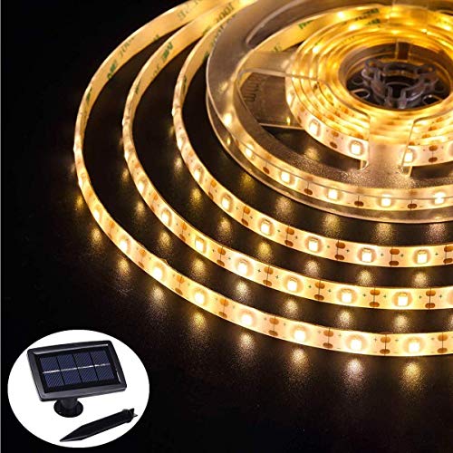 Product Cover Solar Strip Lights Outdoor Waterproof, Auto ON/Off, 2 Modes, Flexible and Cuttable, Self-Adhesive, 16.4FT 150Leds Strip Lights for Window Cabinets Stairs Roof Patio Walkway Fence Decor (Warm White)