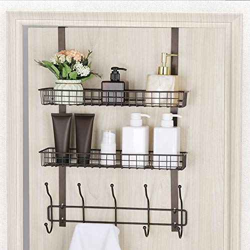 Product Cover Coat Hook Metal Storage Rack with 2 Baskets & 5 Hooks Over The Door Organizer Decorative for Office, Bathroom, Bedroom