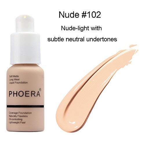 Product Cover 2 Pcs Phoera Liquid Foundation,30ml Natural Moisturizing Highlighting Matte Oil Control Concealer Facial Blemish Concealer Color Changing for Women Girls (102 Nude)