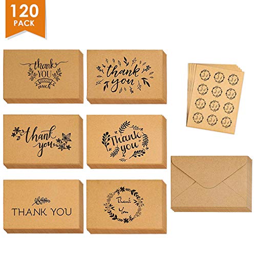 Product Cover Thank You Cards Set of 120 - Includes Thank You Notes,Brown Kraft Blank Cards with Envelopes & Stickers - Perfect for Graduation, Business, Wedding, Baby Shower, 4×6 Inch