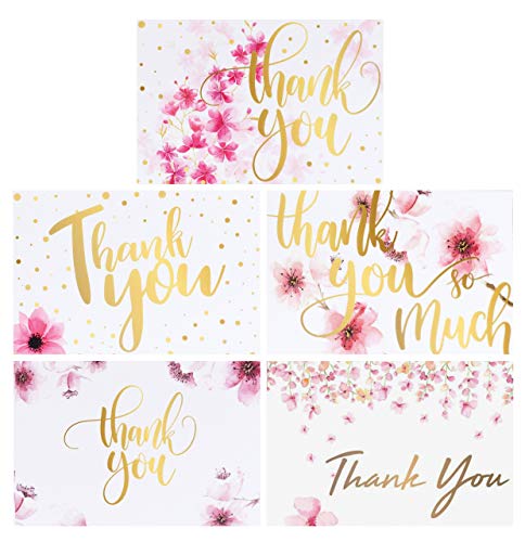 Product Cover 100 Bulk Thank You Cards with Envelopes, Floral Flower Blank Thank You Notes, Greeting Cards for Wedding, Baby Shower, Bridal Shower, Anniversary, 5 Design 4 x 6 inch