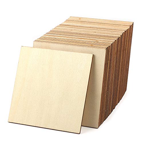 Product Cover Unfinished Wood Pieces 50 Pcs 4 Inch Square Blank Wooden,Squares Cutout Tiles Unfinished Wood Cup Coasters Natural Slices Wooden Square Cutouts for Christmas Ornaments HomeDecoration Painting Staining