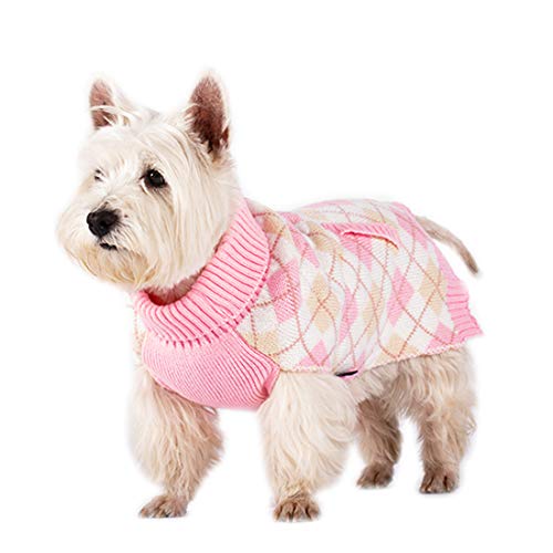 Product Cover kyeese Dog Sweater Pink with Leash Hole Turtleneck Dogs Sweaters Thicken Classic Plaid Pattern Knit Pullover Pet Sweater for Fall Winter