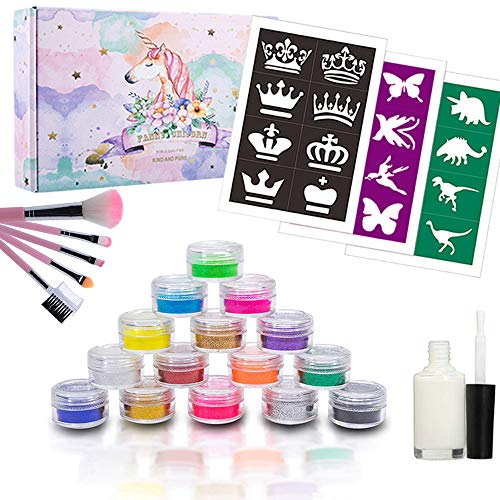 Product Cover BFY Glitter Tattoo Kit with Glitter Glue For Party Body Painting Flash Tattoo 12 Color Glitter Powder 24 Special Design Tattoo Stencils 1 Glue Applicator 5 Painting Brushes, DIY Tattoos Kit for Kids