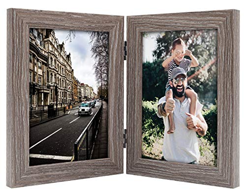 Product Cover Frametory, 5x7 Inch Hinged Picture Frame with Glass Front - Made to Display Two 5x7 Inch Pictures, Stands Vertically on Desktop or Table Top (5x7 Double, Grey)