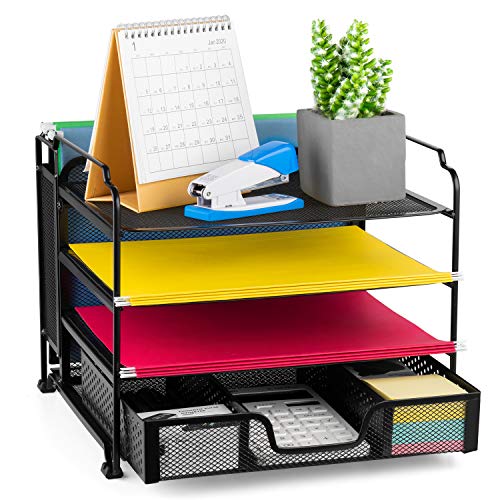 Product Cover Bextsware 4-Tier Mesh Desktop Organizer File Folder with Sliding Drawer and Hanging File Holder, Document Letter Tray Holder Desk Accessories Organization Supplies for Office or Home