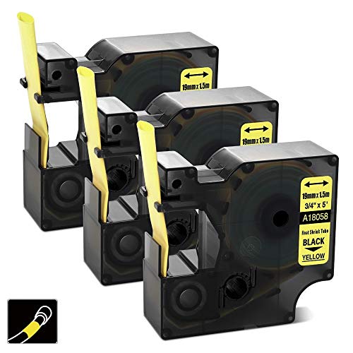 Product Cover Airmall Compatible Label Tape Replacement for DYMO Rhino Industrial Heat Shrink Tubes, 19mm, Black on Yellow, DYMO Rhino PRO 4200 5200 6000 Label Makers, DYMO 18058, 3/4 Inches X 5 Feet (19mm x 1.5m)