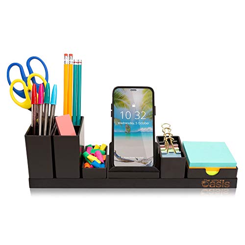 Product Cover Desk Organizer with Adjustable Pen Holder, Pencil Cup, Phone Stand, Sticky Note Tray, Paperclip Storage, and Office Accessories Caddy, Desktop Organization for Cubicle or Home Office, Black