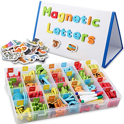 Product Cover CHUCHIK ABC Magnetic Letters Set for Kids and Toddlers. Alphabet Lowercase and Uppercase Foam Magnets Toy with White Board, 4 Pens and Eraser. 