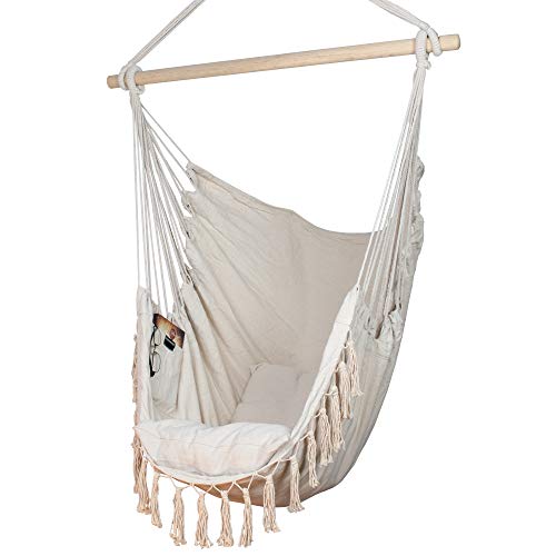 Product Cover Komorebi Hammock Chair | Hanging Rope Swing Seat for Indoor & Outdoor | Soft & Durable Cotton Canvas | 2 Cushions Included | Large Reading Chair with Pocket for Bedroom, Patio, Porch (Ivory)