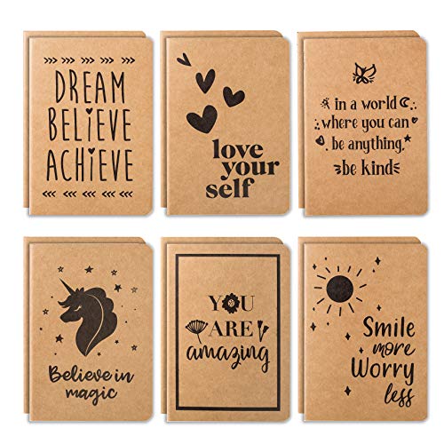 Product Cover Cute Small Notebooks - 12 Pack Lined Notebook - Kraft Notebook - Pocket Journal - Beautiful Small Notebooks With 6 Joyful Designs - Small Writing Notebooks, A6 Notebook - 80 Pages - 4.1 x 5.8 Inches