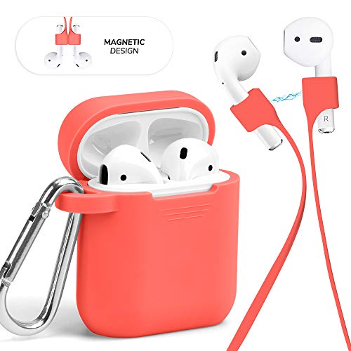 Product Cover GMYLE AirPod Case Accessories Set, Protective Silicone Cover Skin with Keychain, Magnetic Strap Kit for Airpods Wireless Charging Bluetooth Earbuds Case, Compatible with Apple AirPods 1 & 2, Orange