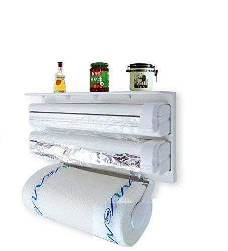 Product Cover Piesome Triple Paper Dispenser | 4 in 1 Foil Cling Film Tissue Paper Roll Holder for Kitchen with Spice Rack -White | Kitchen Triple Paper Roll Dispenser & Holder for Tissue Paper Roll(White)