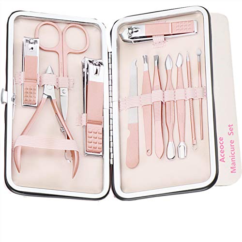 Product Cover Nail Clippers Set Manicure Pedicure Kit - Manicure Set Women Professional Stainless Steel Pedicure Nail Clipper Tools + Aceoce Travel Luxury 12 In 1 With Grooming Travel Leather (Rose Glod)