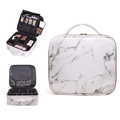 Product Cover R&R Beauty Luxury White Marble Travel Makeup Bag Train Case, Waterproof Cosmetic Case with Adjustable Dividers for Makeup, Toiletries, and Electronics