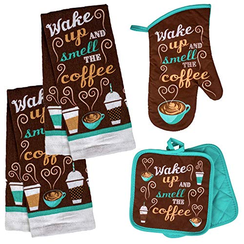 Product Cover Coffee Kitchen Towel Set 'Wake Up and Smell The Coffee' with 2 Quilted Pot Holders, 2 Dish Towels and 1 Oven Mitt