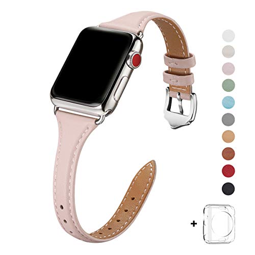 Product Cover WFEAGL Leather Bands Compatible with Apple Watch 38mm 40mm 42mm 44mm, Top Grain Leather Band Slim & Thin Wristband for iWatch Series 5 & Series 4/3/2/1 (Pink Sand Band+Silver Adapter,38mm 40mm)