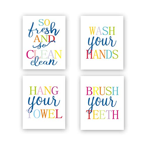Product Cover Funny Bathroom Quote&Saying Art Print Watercolor Lettering Sign Wall Art Painting Poster,Colorful Bathroom Rules Typography Cardstock Poster for Kids Washroom Decor (Set of 4, 8'' x 10'',Unframed)